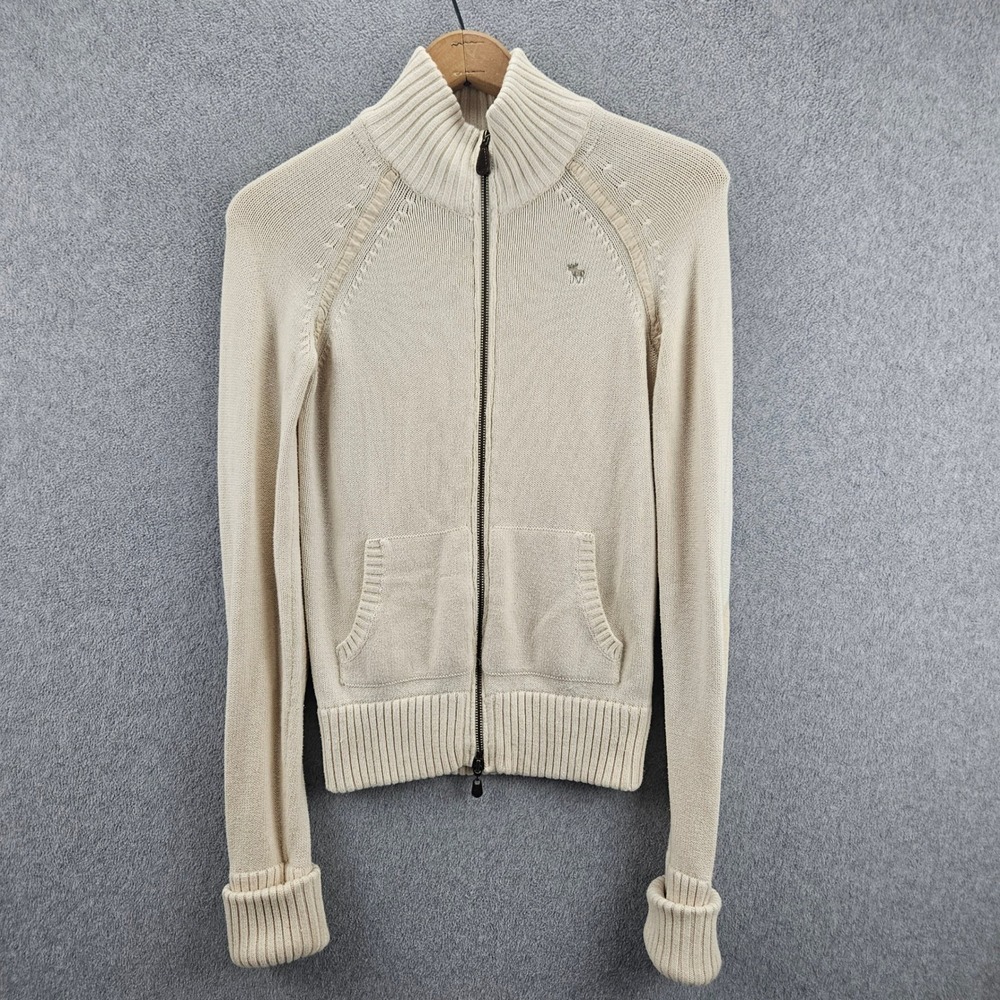 ABERCROMBIE Cardigan Sweater Womens M Cream Zip Up Elbow Patch Y2K Preppy Chic